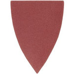 The Draper Sanding Finger Sheets, measuring 50 x 50 x 36mm (Pack of 10) - APT300O/U, are triangular, red-colored sheets with a pointed tip. They are designed for detail sanding on various surfaces and are compatible with Draper oscillating tools and similar machines. The universal mount accessories make for easy attachment.