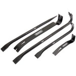 A set of five metal wrecking bars of varying lengths, each labeled with the brand name "Draper." Crafted from sturdy metal, these versatile aligning bars feature flat, angled ends for efficient prying.