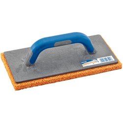 The Draper Deep Sponge Float, 140 x 280mm - T109SG, by Draper, is a rectangular grout float that features a blue handle and an orange sponge pad. It is designed for tile work and includes a 20mm deep rigid polyurethane foam work surface.