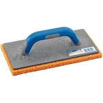 The Draper Deep Sponge Float, 140 x 280mm - T109SG, by Draper, is a rectangular grout float that features a blue handle and an orange sponge pad. It is designed for tile work and includes a 20mm deep rigid polyurethane foam work surface.