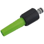 The Draper Soft Grip Adjustable Spray Nozzle - GWPPSN features a green plastic body with a black adjustment ring, a metal connector, and compatibility with garden hose sprinklers.