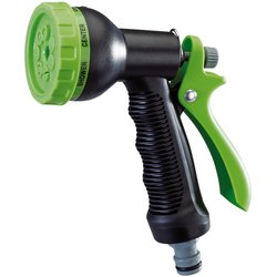 The Draper 7 Pattern Soft Grip Spray Gun - GWPPSG7, a green and black garden hose nozzle with an adjustable spray head featuring 7 pattern sprays and a lockable trigger, is shown against a white background.