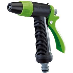 The Draper Adjustable Jet Soft Grip Spray Gun - GWPPJSG is a black and green plastic garden hose nozzle that features a soft grip handle, trigger mechanism, and adjustable spray head.