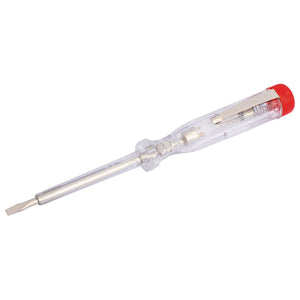 The Draper Mains Testing Screwdriver, 63mm - 3022C, features a transparent handle with a metal clip and a red cap at the end.