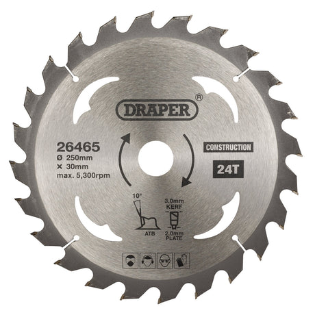 Draper Tct Construction Circular Saw Blade, 250 X 30mm, 24T - SBC6 - Farming Parts