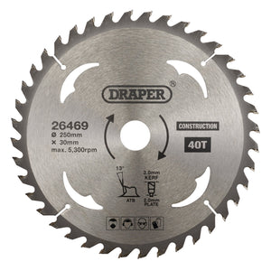 The Draper Tct Construction Circular Saw Blade SBC7 boasts a diameter of 250mm and a 30mm bore, equipped with 40 teeth. It features a 3.0mm kerf and achieves a maximum speed of 5,300 rpm. Designed with safety instructions, this Tungsten Carbide-Tipped blade ensures rapid cutting efficiency.