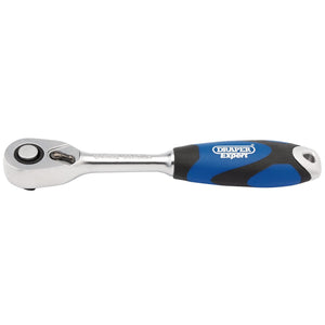 A Draper Soft Grip Reversible Ratchet, 1/4" Sq. Dr., 72 Tooth - B72C/SG featuring a soft grip handle in blue and black rubber and a durable metal head made from chrome vanadium steel.