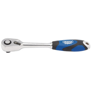 A Draper Soft Grip Reversible Ratchet, 3/8" Sq. Dr., 72 Tooth - D72C/SG with a blue and black handle branded by Draper, featuring durable chrome vanadium steel and a convenient quick release button.