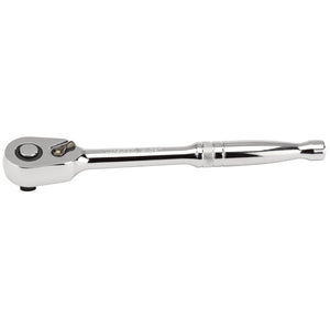 The Draper Expert 72 Tooth Reversible Ratchet, 3/8" Sq. Dr. - D72C is a silver metal tool with a knurled handle grip, expertly crafted from chrome vanadium steel, designed for socket turning and fastening tasks.