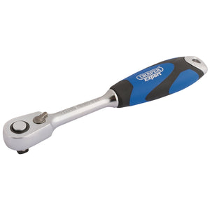 The Draper 60 Tooth Micro Head Reversible Soft Grip Ratchet, 1/4" Sq. Dr. - B60MH/SG by Draper features a blue and black soft grip handle and a 60-tooth reversible ratchet for precise adjustments.