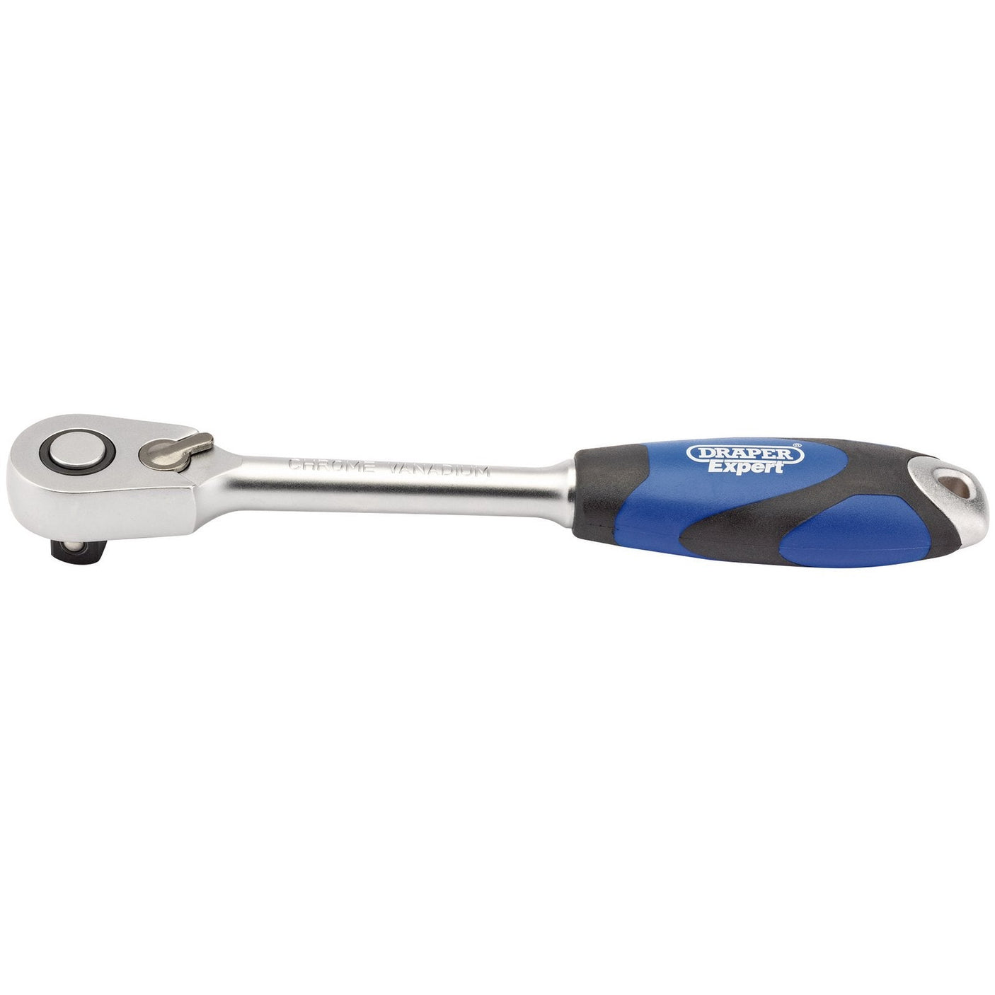 The Draper 60 Tooth Micro Head Reversible Soft Grip Ratchet, 1/2" Sq. Dr. - H60MH/SG features a blue and black ergonomic soft grip handle and is constructed from durable chrome vanadium steel, embodying the "Draper Expert" quality.