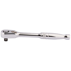 The Draper 60 Tooth Micro Head Reversible Ratchet, 1/4" Sq. Dr. - B60MH is crafted from durable chrome vanadium steel and features a chrome finish. It includes a switch for reversing direction and comes with a textured grip handle for better control. For added convenience, this tool also has a quick release button.