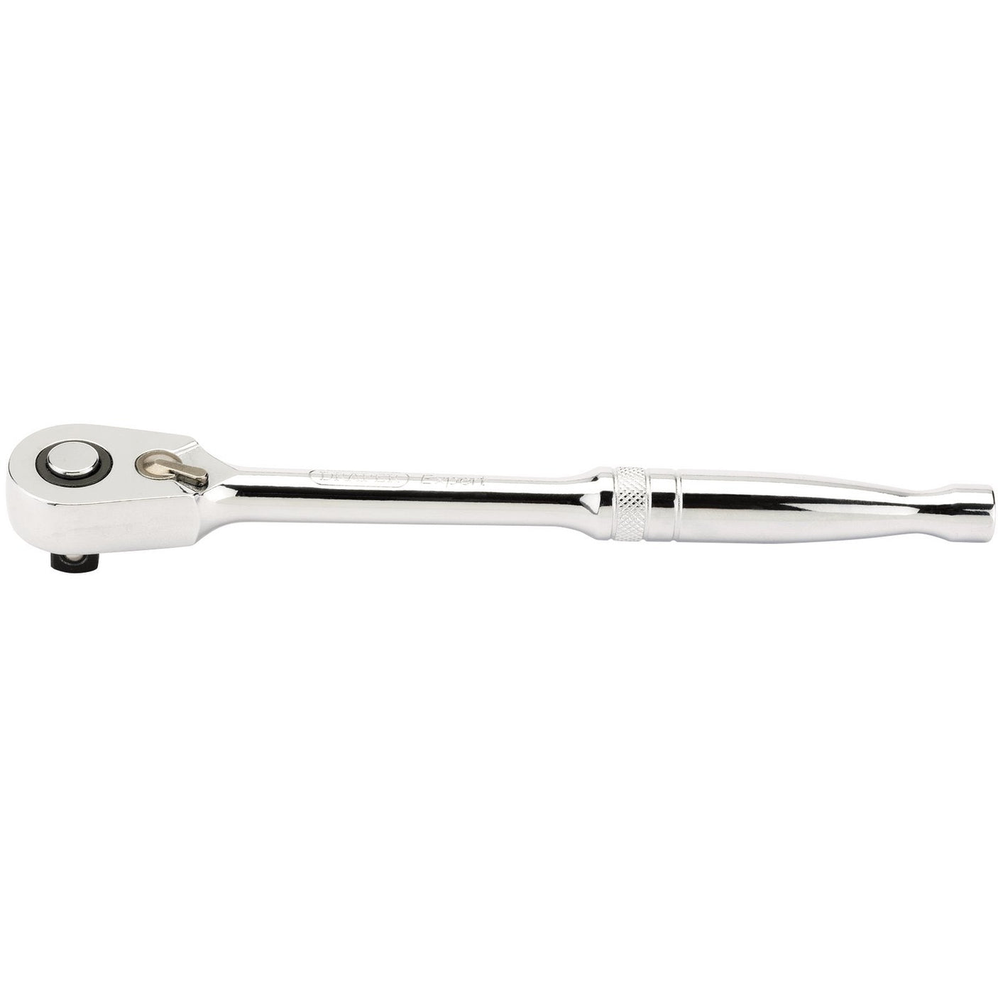 The Draper 60 Tooth Micro Head Reversible Ratchet, 3/8" Sq. Dr. - D60MH, from Draper, boasts a chrome finish and is crafted from chrome vanadium steel. It features a knurled handle for enhanced grip and a reversible ratchet mechanism.