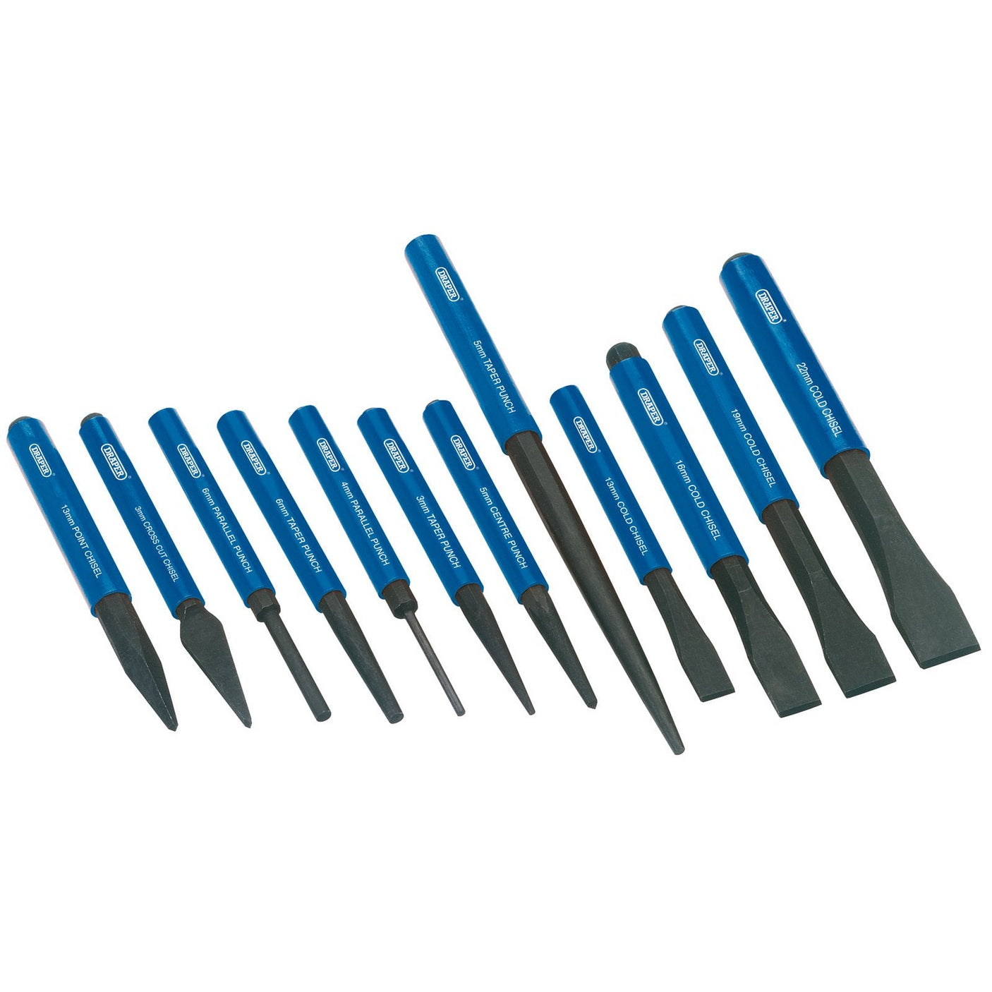 The Draper Chisel And Punch Set (12 Piece) - CP12NP by Draper features a variety of blue-handled punches and cold chisels in different sizes, all crafted from durable chrome vanadium steel. These tools are neatly organized in a convenient storage roll for easy access and storage.