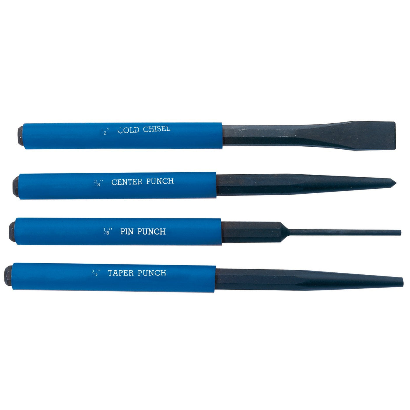 The Draper Chisel And Punch Set (4 Piece) - CP4NP, consisting of four blue-handled tools with black heads, made from chrome vanadium steel, includes the "COLD CHISEL," "CENTER PUNCH," "PIN PUNCH," and "TAPER PUNCH.