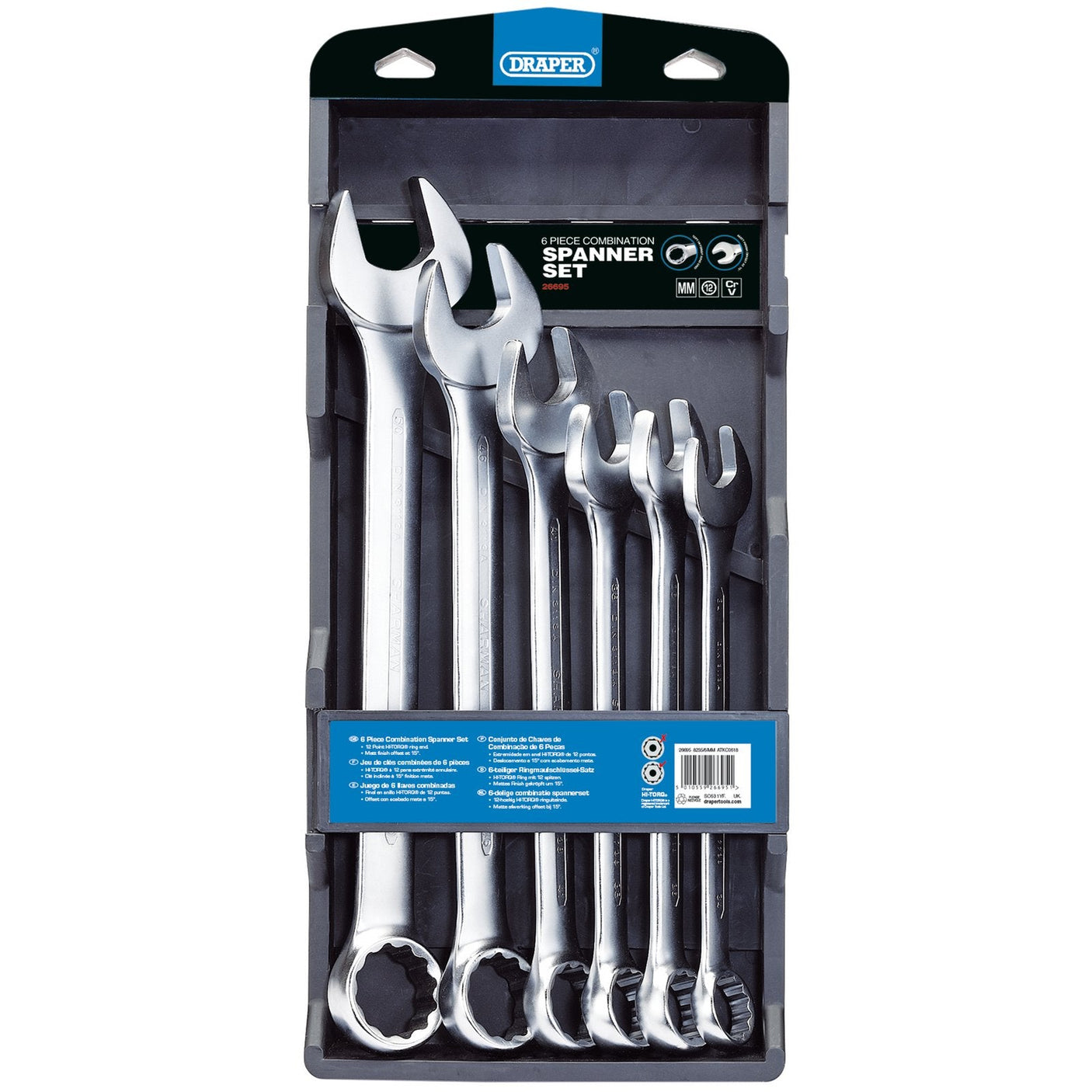 The Draper Hi-Torq® Metric Combination Spanner Set (6 Piece) - 8235/6/MM features six spanners of different sizes, made from durable chrome vanadium steel. They're neatly organized in a gray plastic holder labeled "Draper HI-TORQ Spanner Set" and comply with DIN3113 Specifications.