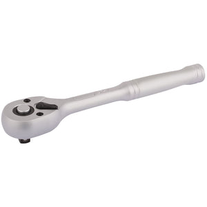 The Draper 72 Tooth Reversible Ratchet, 1/4" Sq. Dr. - BD72/B is a silver, handheld tool crafted from durable chrome vanadium steel featuring a cylindrical handle, a 72-tooth ratchet for precise control, and a black quick release mechanism on the head.