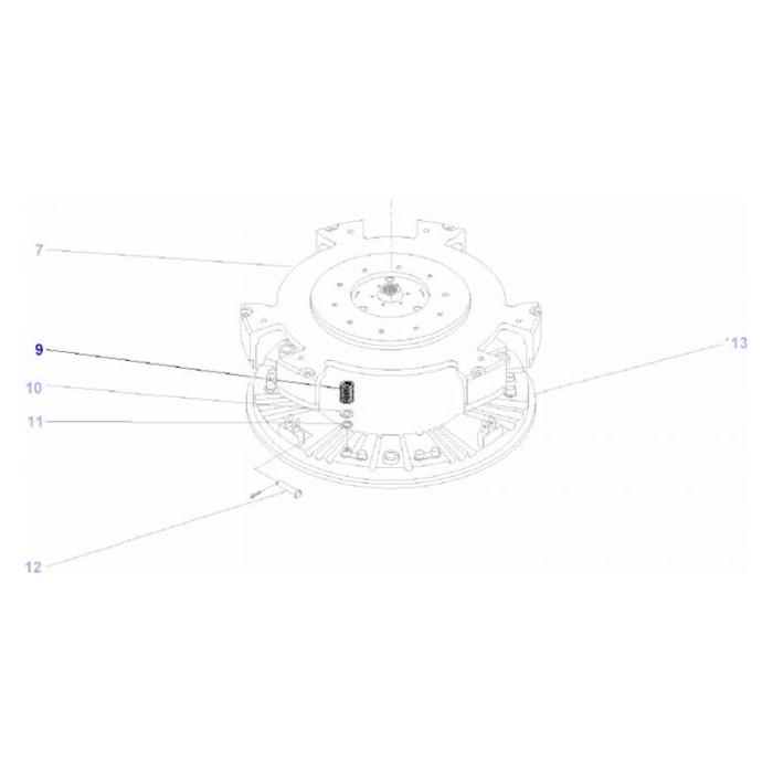 Technical diagram of a mechanical component for a Massey Ferguson Tractor Series with numbered labels pointing to various parts, such as bolts, screws, and a cylindrical element. Parts 7, 9, 10, 11, 12, and 13 are indicated. Includes details on the AGCO Massey Ferguson - Clutch Spring (Part Number: 3603609M1) mechanism.