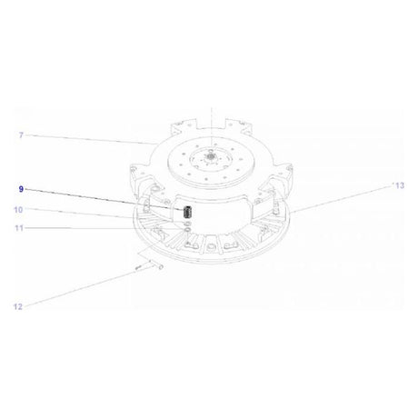 Technical diagram of a mechanical component for a Massey Ferguson Tractor Series with numbered labels pointing to various parts, such as bolts, screws, and a cylindrical element. Parts 7, 9, 10, 11, 12, and 13 are indicated. Includes details on the AGCO Massey Ferguson - Clutch Spring (Part Number: 3603609M1) mechanism.