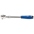 The Draper 72 Tooth Extending Reversible Ratchet, 1/2" Sq. Dr. - HER72 is a high-quality torque wrench made from durable chrome vanadium steel, featuring a reversible ratchet head and a blue soft grip handle, commonly used for tightening bolts to specific torque specifications.