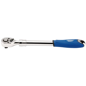 The Draper 72 Tooth Extending Reversible Ratchet, 1/2" Sq. Dr. - HER72 is a high-quality torque wrench made from durable chrome vanadium steel, featuring a reversible ratchet head and a blue soft grip handle, commonly used for tightening bolts to specific torque specifications.