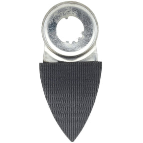 The Draper Double Sided Sanding Finger, 36 X 45 X 45mm - APT300Z5/U (Stock No. 23666), features a silver, arrowhead-shaped design with a semi-circular hole at the top, making it compatible with Draper oscillating tools and other universal mount accessories. This ensures a precise fit for various applications.