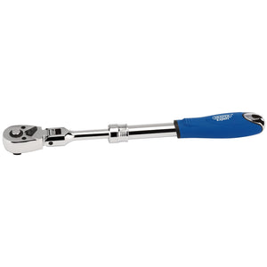 A Draper Flexible Head Extending Reversible Ratchet, 3/8" Sq. Dr., 72 Tooth (DER72/FH), featuring a chrome vanadium steel construction with a blue rubber grip handle and a flexible head, set against a white background.