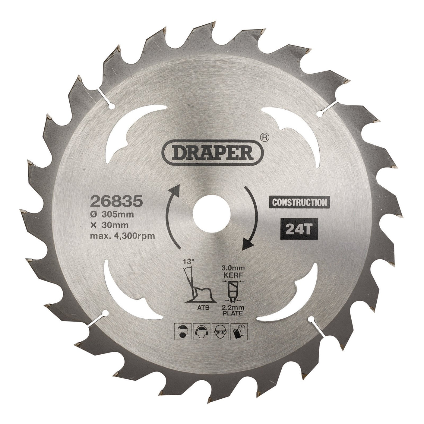 The Draper Tct Construction Circular Saw Blade, SBC8 model, features a 305mm diameter with 24 teeth, designed specifically for construction use. It includes safety icons and a directional arrow to guide installation and usage.