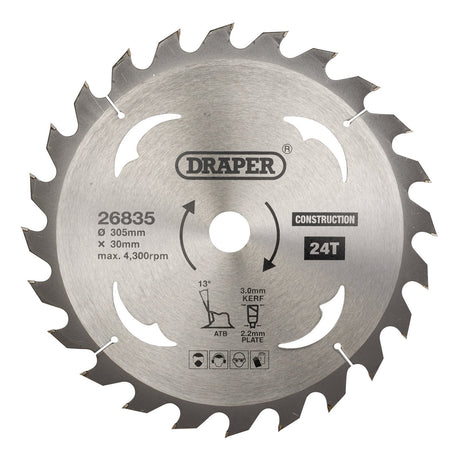 Draper Tct Construction Circular Saw Blade, 305 X 30mm, 24T - SBC8 - Farming Parts