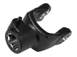 The Sparex PTO Yoke - Quick Release, featuring a U/J size of 1 17/32'' x 4 5/16'' and a size of 1 3/8''-6 spline, is a black, U-shaped industrial metal component with two prongs and a cylindrical opening on one end, suitable for integration into PTO Series equipment. (Sparex Part Number: S.26866)