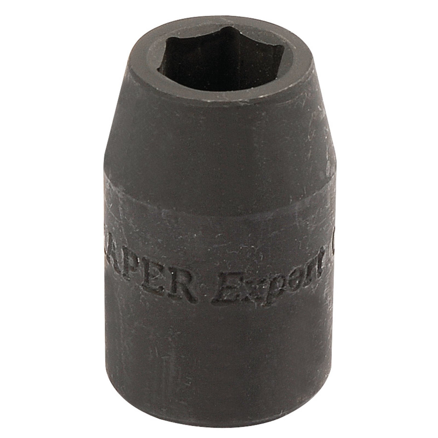 The Draper Expert Hi-Torq® Impact Socket, 1/2" Sq. Dr., 12mm (Sold Loose) - 410MMB is a black, hexagonal socket made from durable chrome vanadium steel, designed for use with a ratchet to tighten or loosen nuts and bolts.