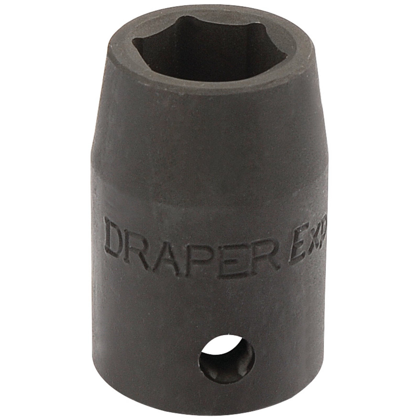 A dark-colored, cylindrical Draper Expert Hi-Torq® Impact Socket tool, measuring 14mm with a 1/2" square drive, crafted from chrome vanadium steel and engraved with "DRAPER.