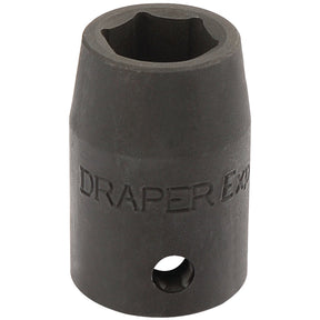 A dark-colored, cylindrical Draper Expert Hi-Torq® Impact Socket tool, measuring 14mm with a 1/2" square drive, crafted from chrome vanadium steel and engraved with "DRAPER.