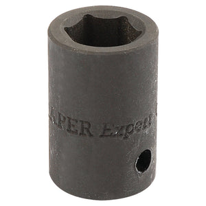 The Draper Expert Hi-Torq® Impact Socket, 1/2" Sq. Dr., 15mm (Sold Loose) - 410MMB, is a dark-colored socket with a hexagonal opening and side hole, crafted from durable chrome vanadium steel, ideal for tightening or loosening fasteners.