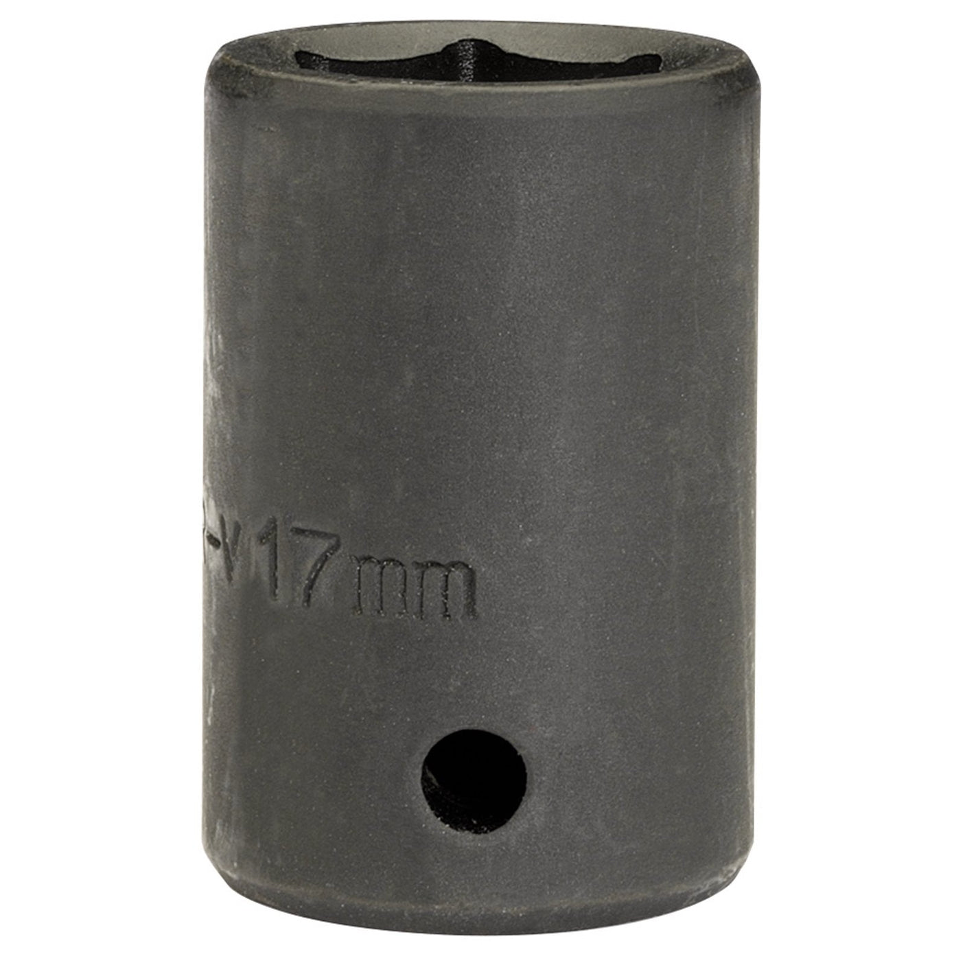 The Draper Expert Hi-Torq® Impact Socket, 1/2" Sq. Dr., 17mm (Sold Loose) - 410MMB, is constructed from durable chrome vanadium steel and features a six-point design with a hole on its cylindrical body. Enhanced corrosion protection ensures longevity and reliability for all your heavy-duty tasks.
