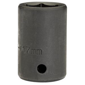 The Draper Expert Hi-Torq® Impact Socket, 1/2" Sq. Dr., 17mm (Sold Loose) - 410MMB, is constructed from durable chrome vanadium steel and features a six-point design with a hole on its cylindrical body. Enhanced corrosion protection ensures longevity and reliability for all your heavy-duty tasks.
