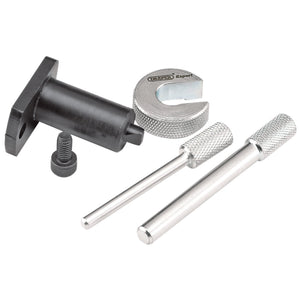 The Draper Engine Timing Kit (Citroen, Fiat, Peugeot) - ETK153 is a comprehensive set of metal tools that includes a black cylindrical tool with a mounting bracket and screw, a U-shaped component, and two silver cylindrical rods with textured grips, making it ideal for maintenance on vehicles like the Peugeot Boxer JTD.