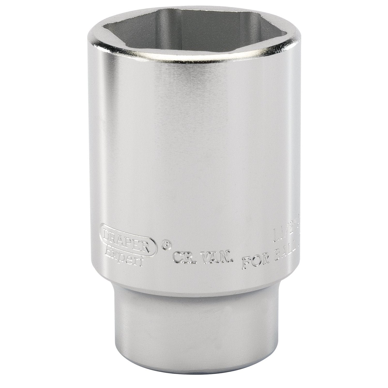 The Draper Ball Joint Socket, 1/2" Sq. Dr., 38mm or 1.1/2" Af - HTD-AF features a hexagonal opening designed to work with various sizes of bolts and nuts, making it perfect for vehicle maintenance and compatible with automotive sockets.