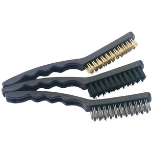 Introducing the Draper Brush Set, 230mm (3 Piece) - 4864 by Draper, which includes three wire brushes with black handles. Each brush features a different bristle material: brass, steel, and nylon. They are arranged in a stacked, horizontal position.