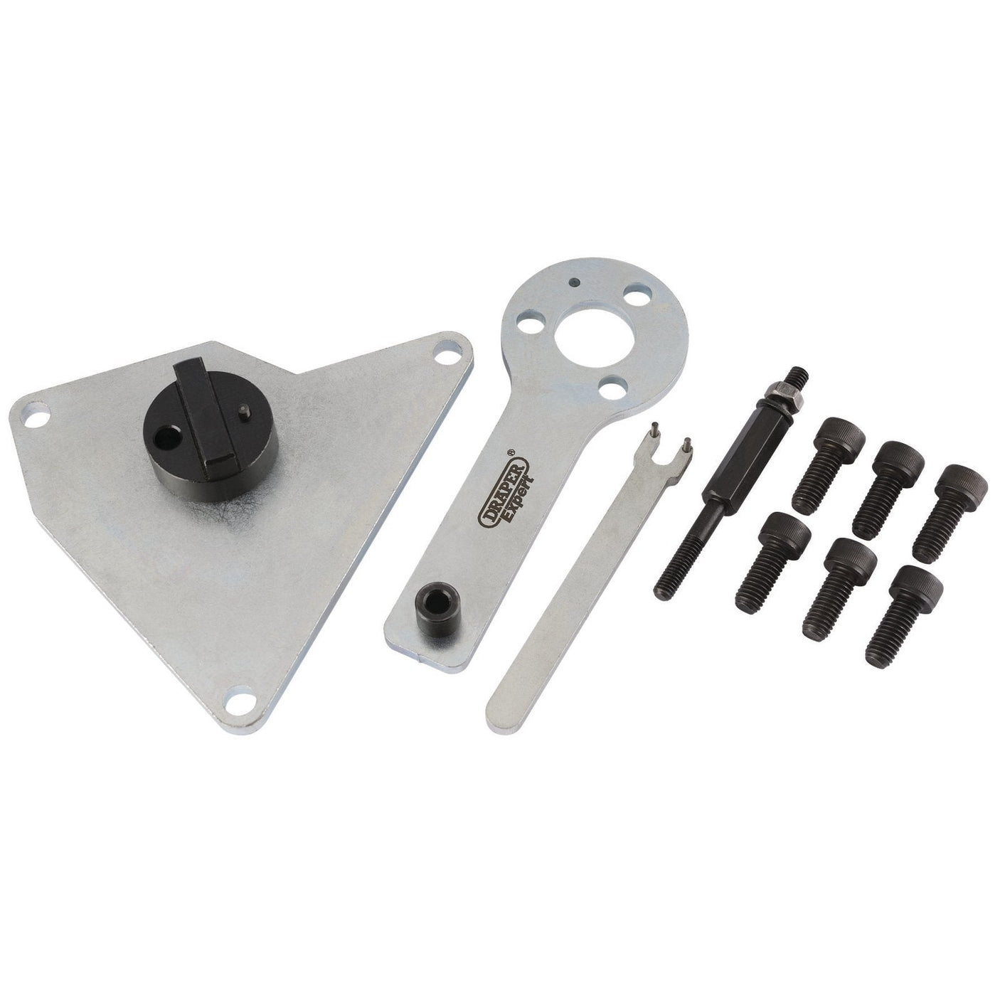 The Draper Engine Timing Kit Etk155 (Fiat, Alfa Romeo, Chrysler, Lancia) - ETK155 includes a triangular metal plate, circular wrench, small rod, flat tool, and multiple screws—ideal for maintaining your classic Alfa Romeo or Fiat Punto.