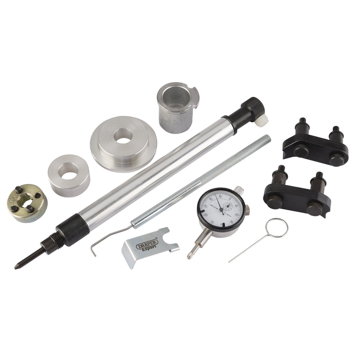 The Draper Engine Timing Kit ETK250 (Audi, Seat, Skoda, Volkswagen) features a collection of precision measurement tools, much like quality Audi parts. It includes a dial indicator, various metal fittings, rods, and accessories neatly arranged on a white background.