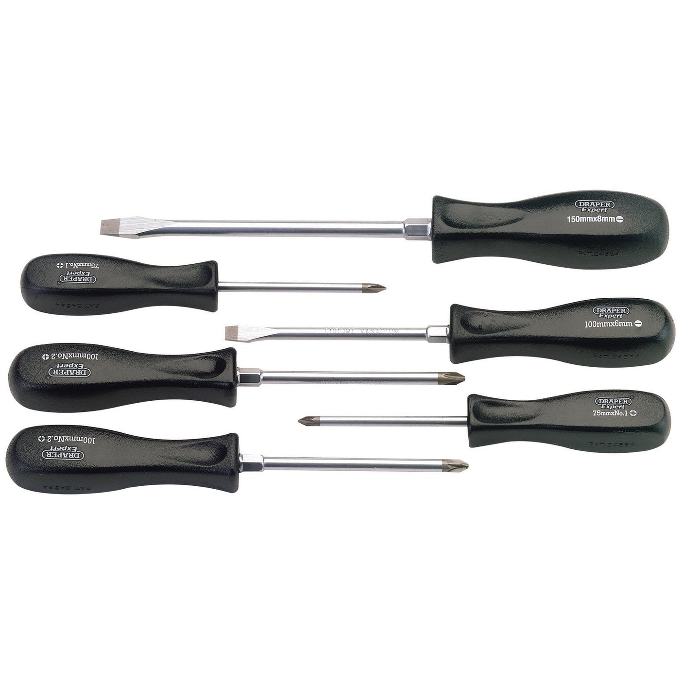 A set of six Draper Mechanic's Screwdrivers (Model 939/6) featuring high impact resistant black plastic handles, including three flathead and three Phillips head screwdrivers of varying sizes, arranged horizontally on a white background. The SVCM steel blades guarantee durability for any task.