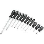 The Draper Mechanic's Screwdriver Set (11 Piece) - 939/11, featuring black-handled screwdrivers crafted from high impact resistant plastic and arranged in a row from largest to smallest, offers durability and precision.