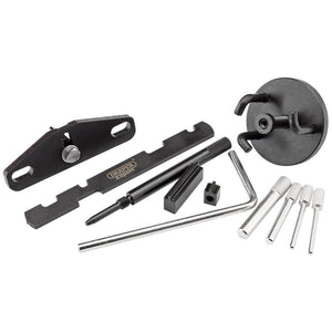 A collection of the Draper Engine Timing Kit (Ford, Mazda) - ETK172 automotive tools, including wrenches, a bracket, a guide pin, alignment tools, and a flywheel locking tool suitable for Ford Fiesta and Ford Focus models by Draper, laid out on a white background.