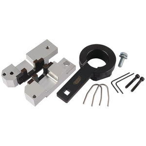 The Draper Engine Timing Kit ETK284 (Vauxhall) includes two metal clamps, a black circular tool with a handle, a bolt, two hex keys, and two U-shaped pins—all essential for maintaining your Vauxhall's Turbo SIDI engine.