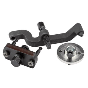 The Draper Water Pump Tool (Volkswagen) - ETK252, a metal timing tool kit ideal for Volkswagen T5 and Touareg models, consists of a camshaft locking tool, a crankshaft pulley locking tool, and a pulley fixing tool arranged on a white background.