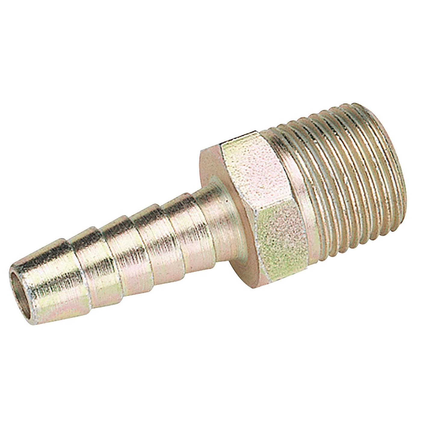 The Draper 3/8" Taper 5/16" Bore Pcl Male Thread Tailpiece (Sold Loose) - A6905 BULK features a BSP taper with a 3/8" thread size on the male end and a ridged barbed end for hose attachment.