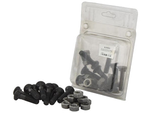 A package of multiple black bolts and nuts, some already removed from the packaging and arranged in front of it, showcasing Sparex Round Countersunk Square Hex Bolts & Nuts (TFCC) - M11 x 45mm with an 8.8 tensile strength from Agripak (10 pcs.), part number S.27573.