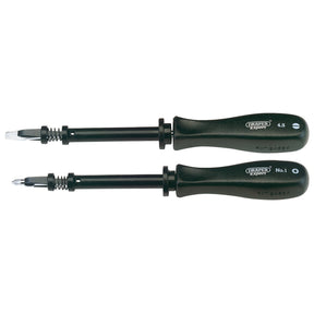 Two Draper Screw Holding Mechanic's Screwdrivers from the 939SH/SET, featuring black handles with interchangeable bits labeled "4.8" and "No. 1," crafted from high impact resistant plastic and finished with a satin chrome plate.