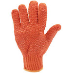 The Draper Non-Slip Work Gloves, Extra Large (Pair) - XXGA feature an orange knit design with a textured pattern on the palm and fingers for a PVC nonslip grip, displayed with the palm facing up.